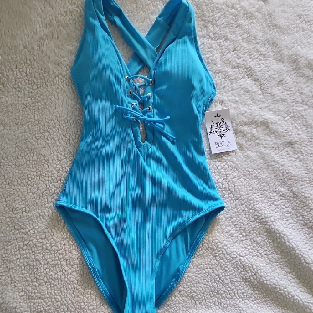 BECCA Women's Aqua Lace-Up Swimsuit, Size Medium